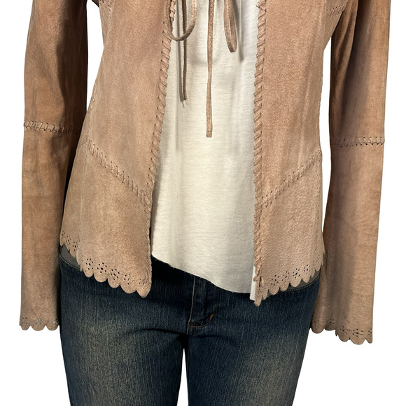 Bebe Jacket Womens Small Pink Genuine Leather Scallop Boho Y2K Tie Front 90s - Picture 5 of 16